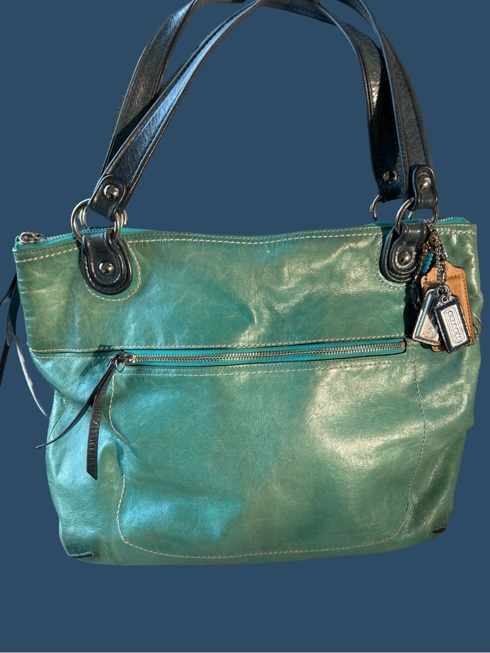 Coach Legacy Leather Duffle Bag Green & Blue Shoulder Bag